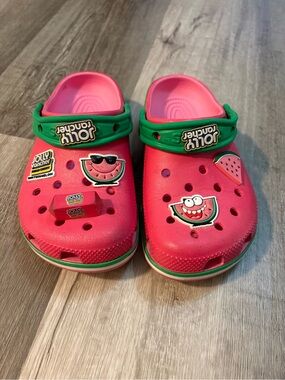 CROCS Kids Watermelon Clogs - Pink with Green Trim